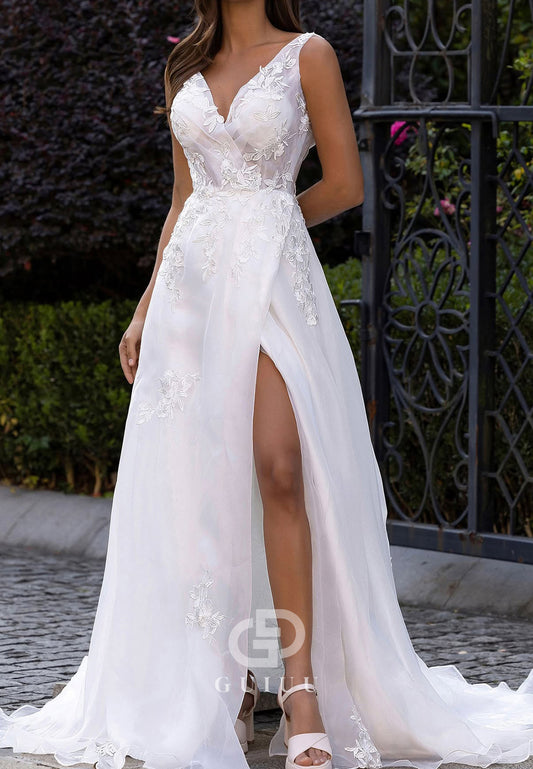 Spaghetti Straps V-Neck Empire-Waist Slit Wedding Dress