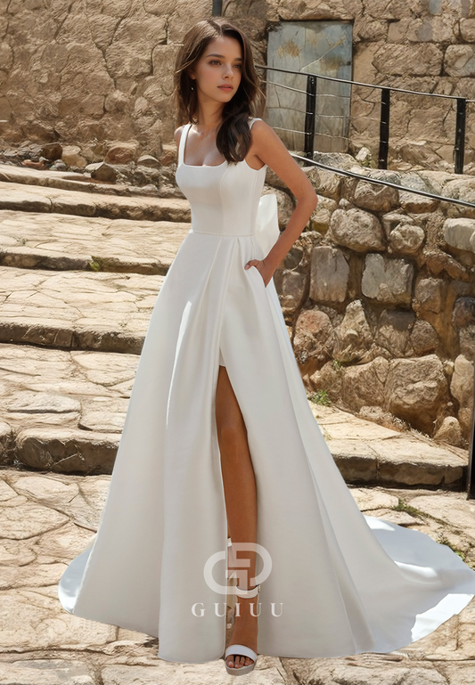 Square A-Line Bowknot Strappy Draped Wedding Dress with Side Slit