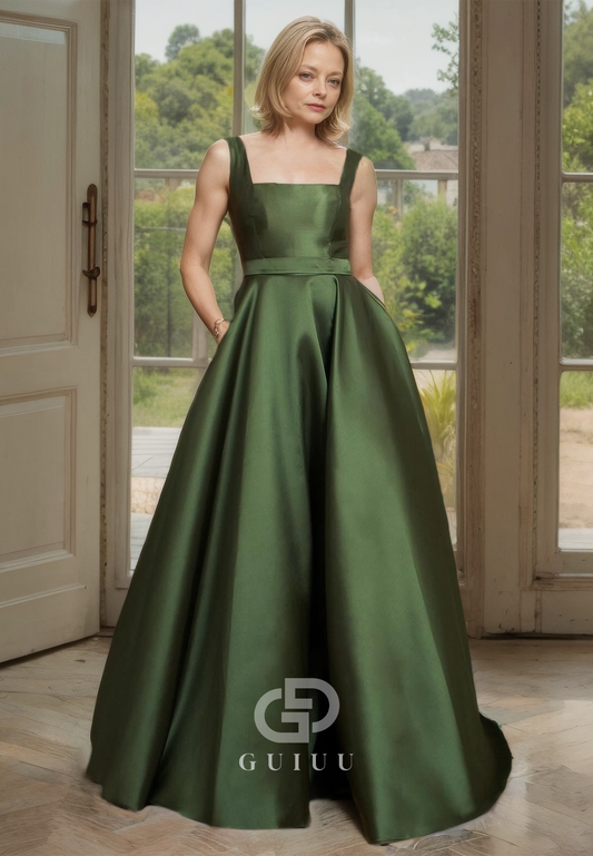 Square A-Line Pleated Simple Mother of Bride Dress with Pockets and Bowknot