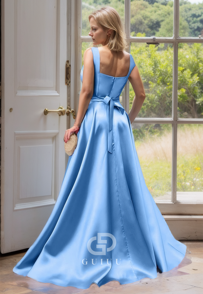 Square A-Line Pleated Simple Mother of Bride Dress with Pockets and Bowknot