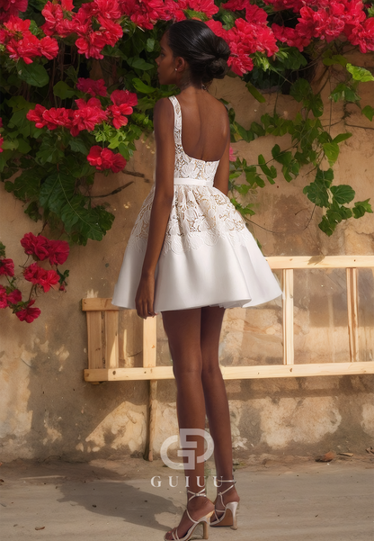 Square Lace Appliques Above-Knee Open Back Wedding Dress with Straps