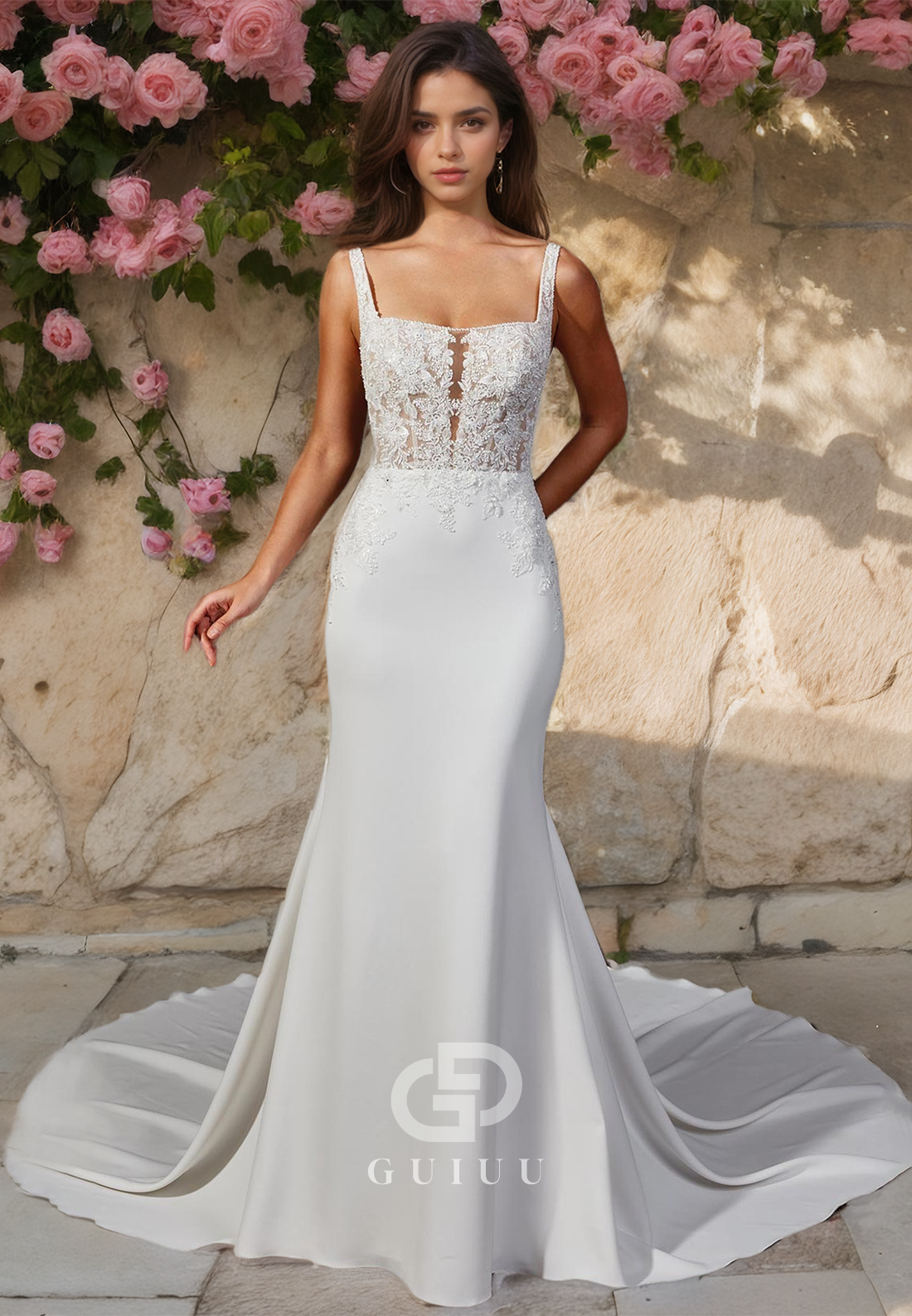 Square Sweep Train Backless Wedding Dress with Lace Appliques Sleeveless