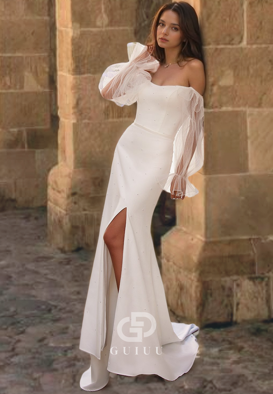 Strapless Simple Scoop Bell Sleeved Sheath Side Slit Wedding Dress