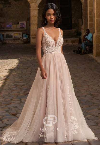 Strappy A-Line V-Neck Tulle Wedding Dress with Lace Appliques