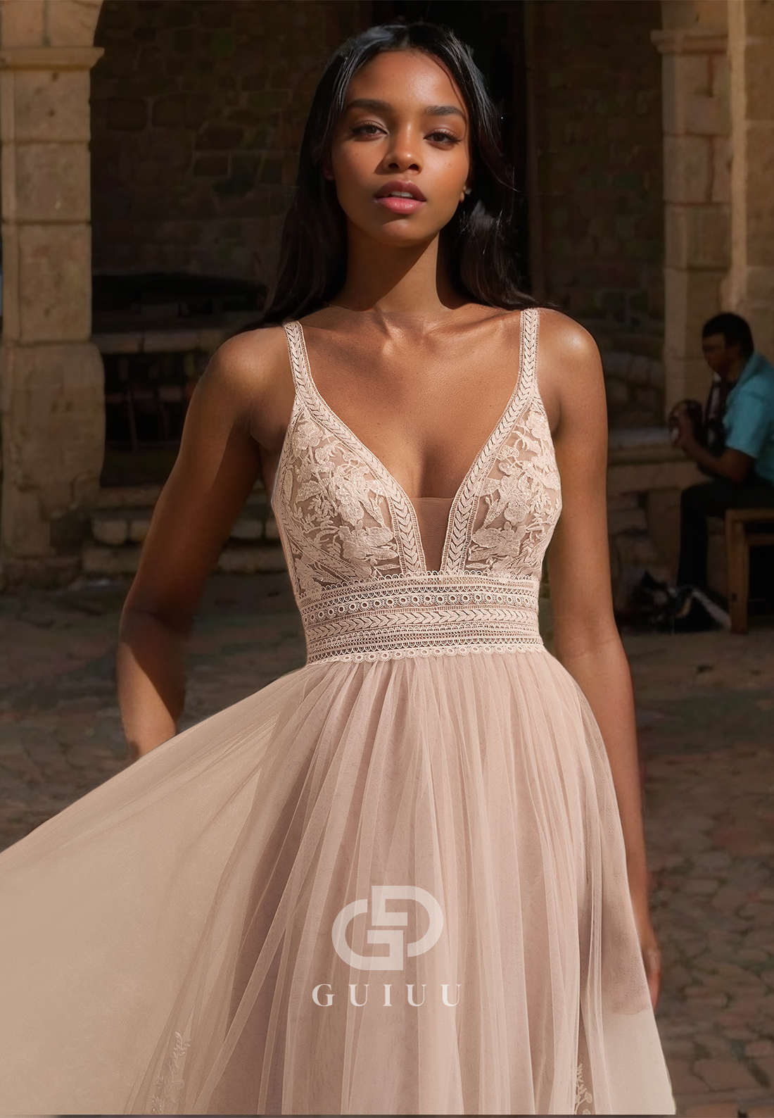 Strappy A-Line V-Neck Tulle Wedding Dress with Lace Appliques