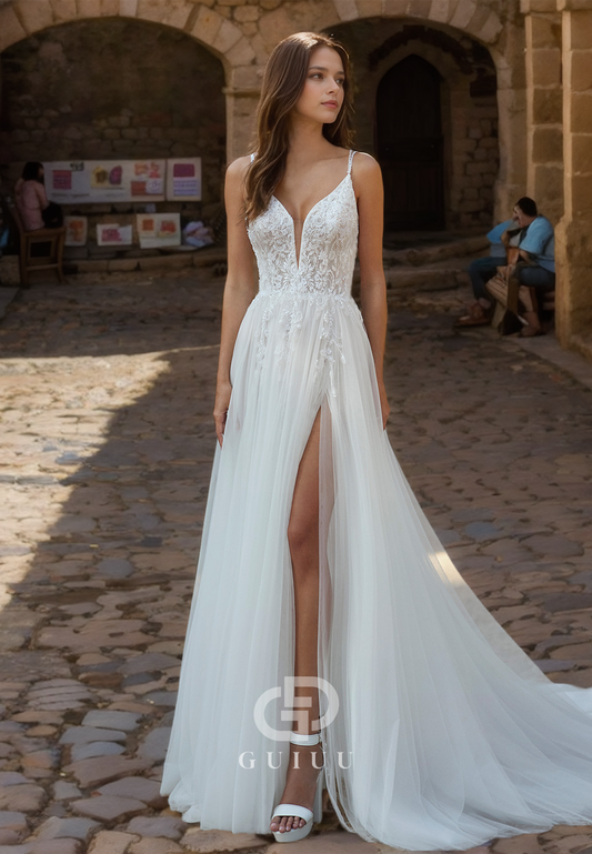 Strappy V-Neck A-Line Tulle High Side Slit Wedding Dress with Lace Appliques