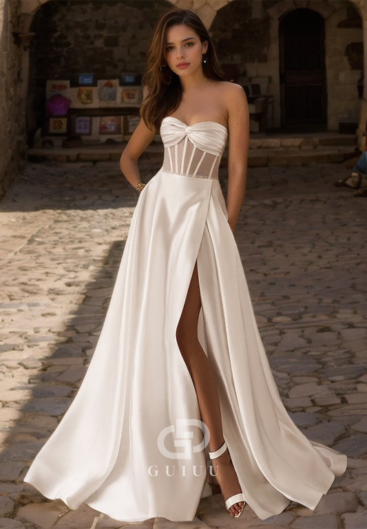 Sweetheart A-Line Side Slit Sleeveless Wedding Dress with Sweep Train