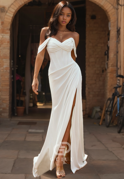 Sweetheart Draped Off-Shoulder Sheath Side Slit Wedding Dress with Sweep Train