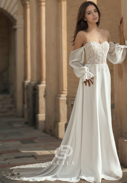 Sweetheart Sequined Lace Appliques Sweep Train Wedding Dress with Half Lantern Sleeves