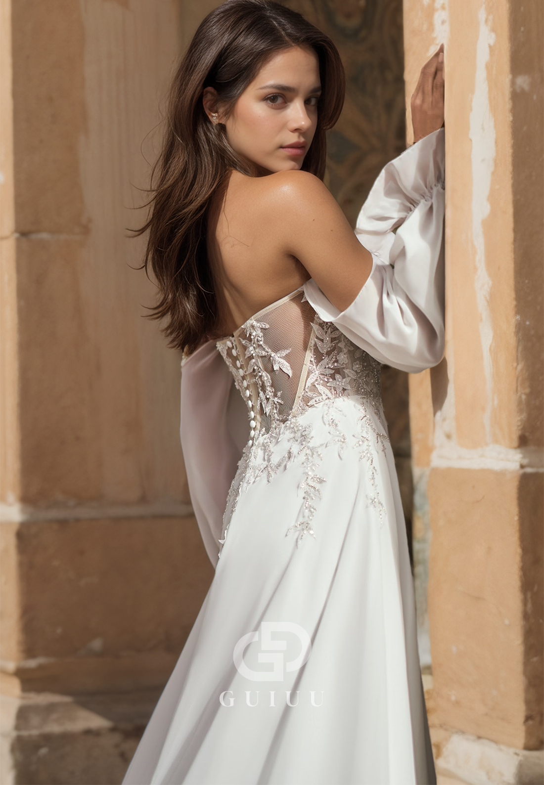 Sweetheart Sequined Lace Appliques Sweep Train Wedding Dress with Half Lantern Sleeves