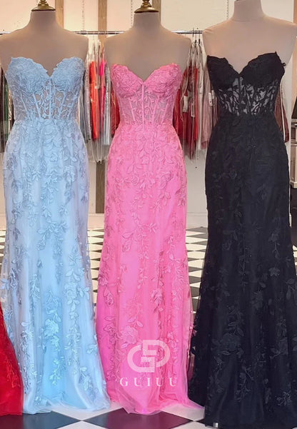 G2782 - Sexy Fitted Strapless Lace Applique Black Long Prom Evening Dress