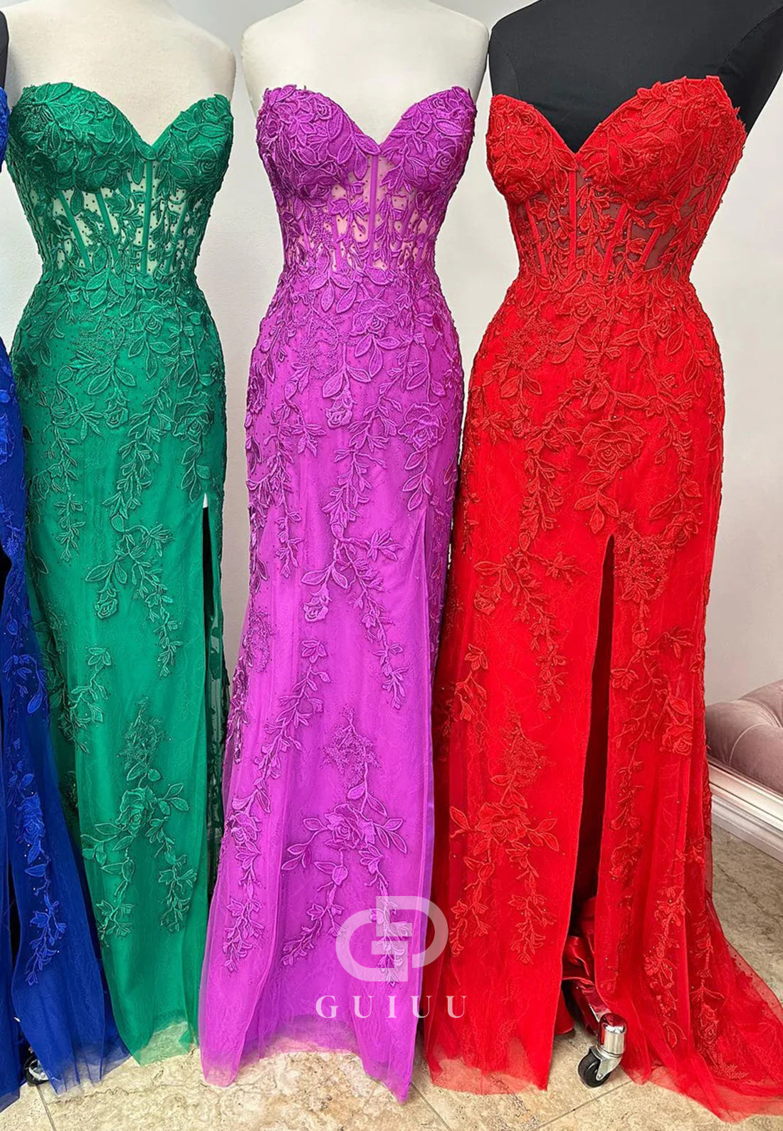 G2782 - Sexy Fitted Strapless Lace Applique Black Long Prom Evening Dress