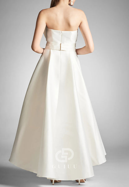 Simple Strapless Sleeveless Ruched Satin Wedding Dress