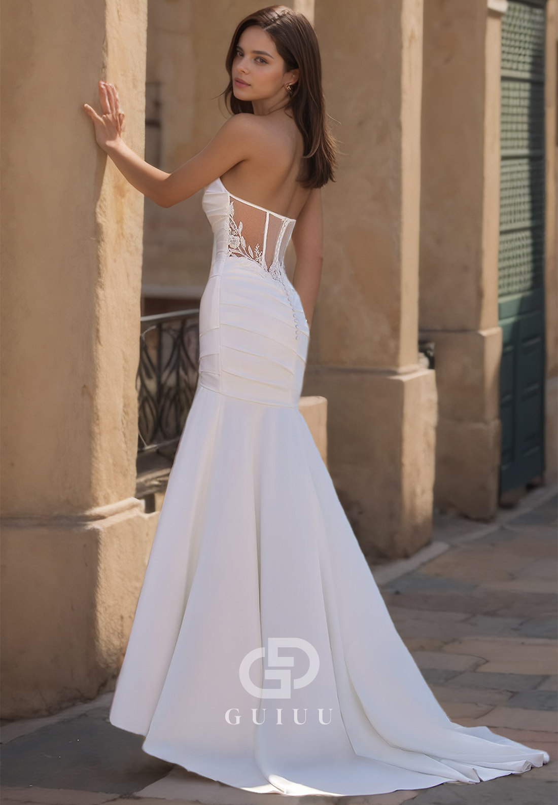 Strapless Trumpet Pleated Open Back Wedding Dress with Sweep Train