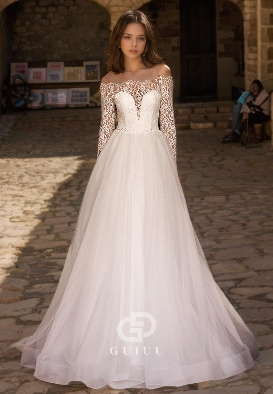 Tulle A-Line Lace Appliques Wedding Dress with Long Sleeves