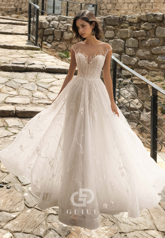 Tulle Draped Lace Appliques A-Line Wedding Dress with Sweep Train and Buttons