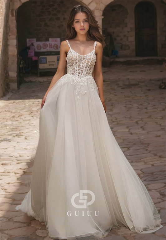 Tulle Lace Applique A-Line Scoop Wedding Dress with Spaghetti Straps and Buttons