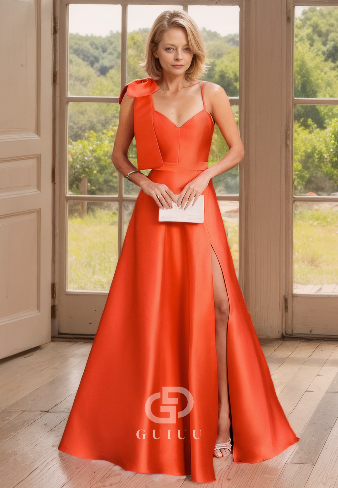 V-Neck A-Line Mother of Bride Dress Side Slit Formal Dress with Straps and Bowknot