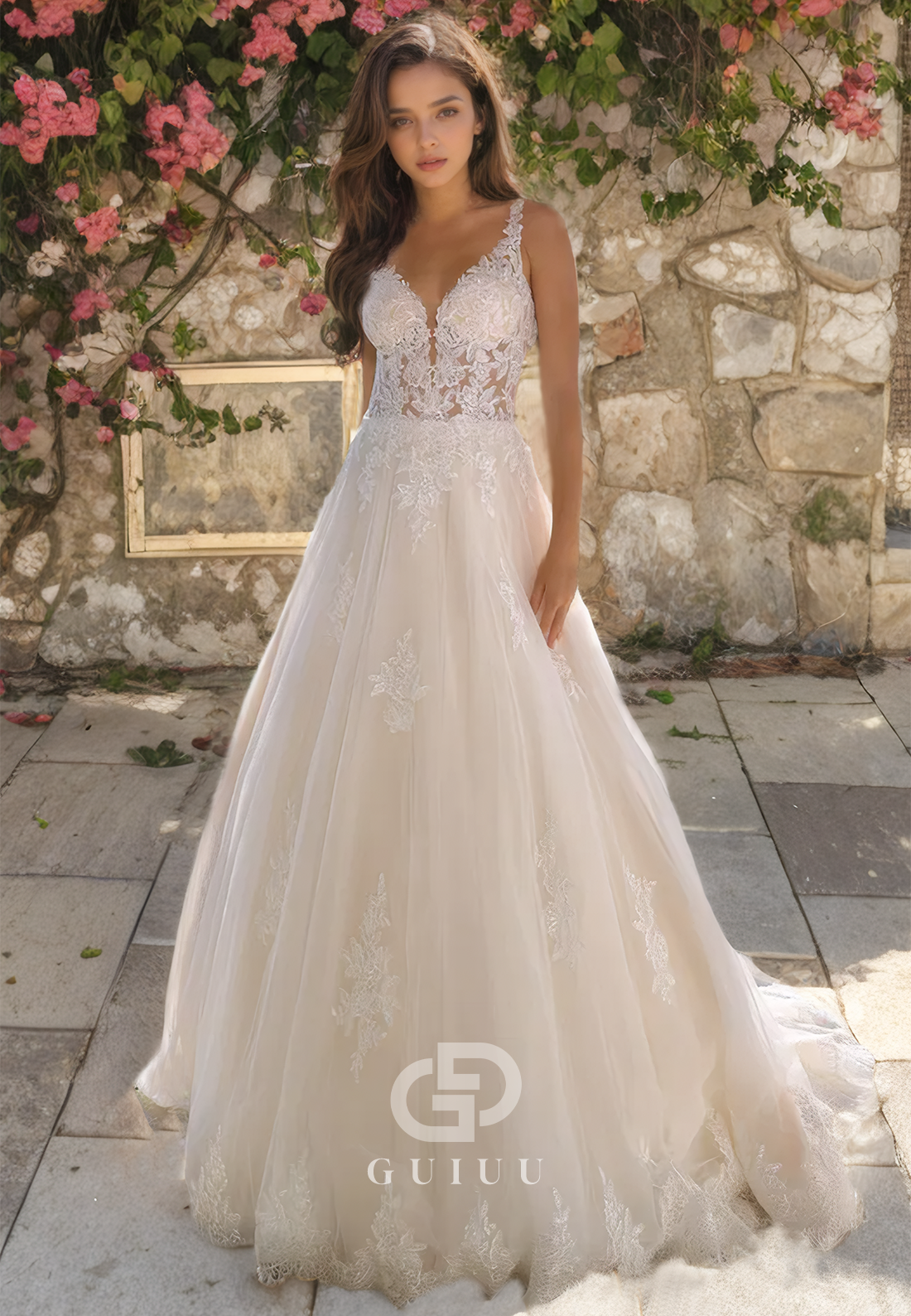 V-Neck A-Line Ivory Wedding Dress with Lace Appliques and Straps