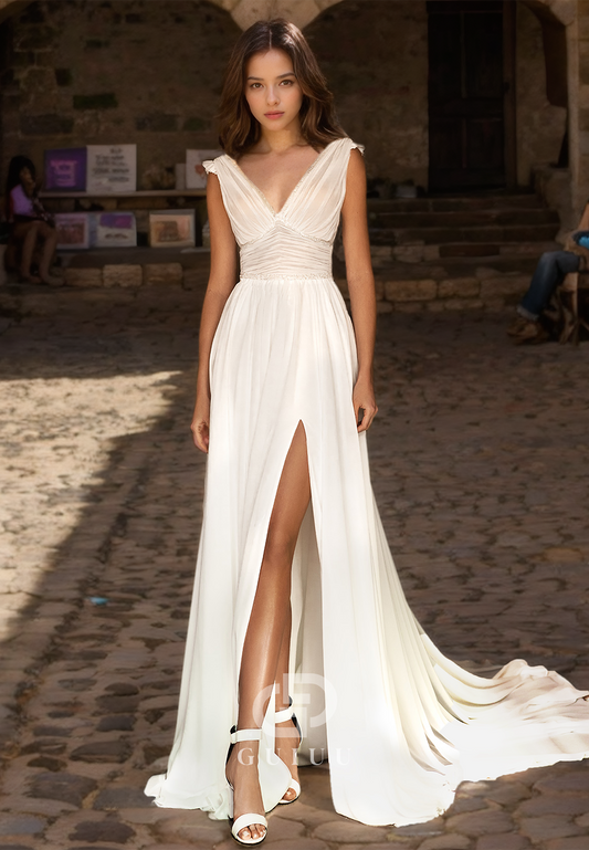 V-Neck Pearls Side Slit Sleeveless Wedding Dress with Sweep Train