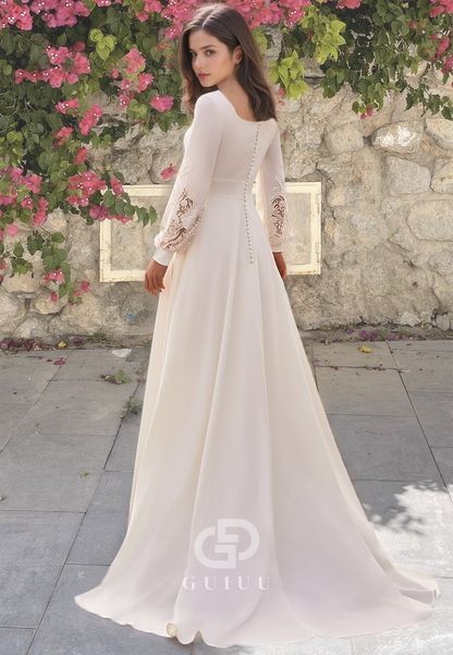 V-Neck Ruched A-Line Lace Appliques Wedding Dress with Long Sleeves