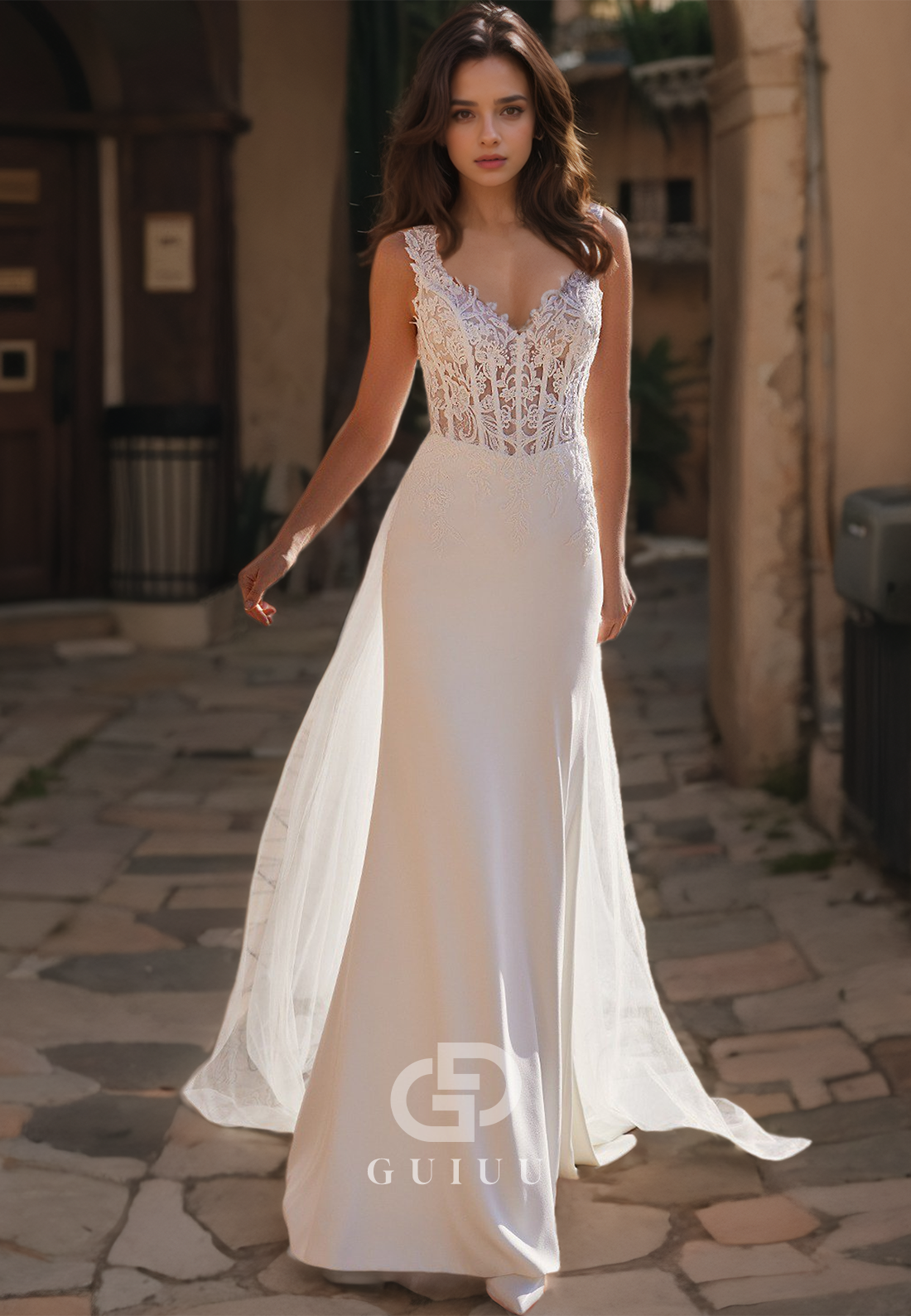 Ornate V-Neck Sheath Lace Appliques Long Sweep Train Wedding Dress with Straps