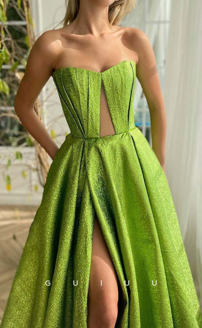 G3185 - Chic & Modern A-Line Strapless Green Long Formal Prom Dresses With Slit