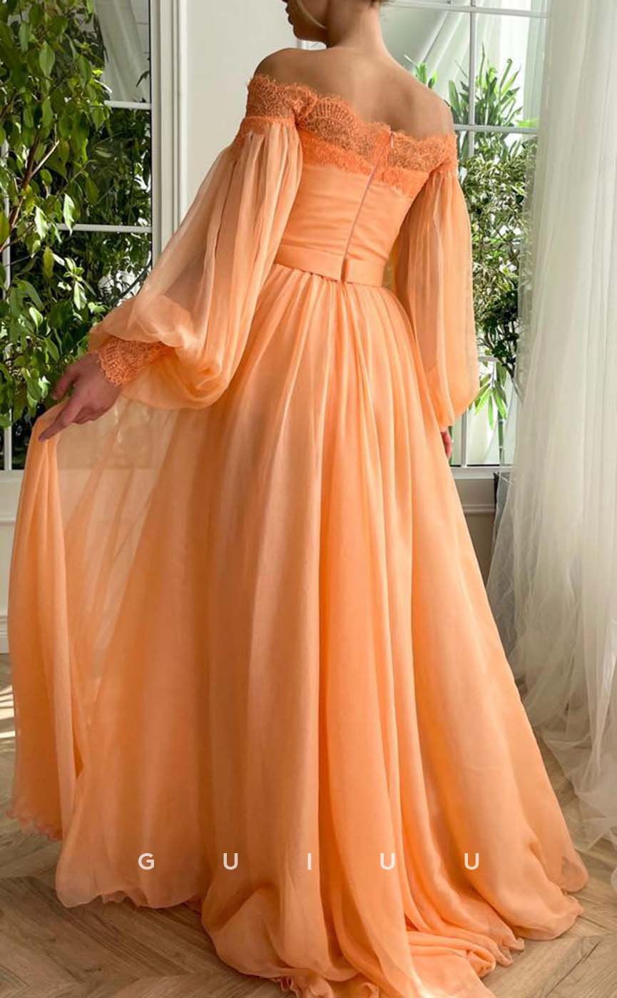 G3188 - A-Line Lace Off-Shoulder Tulle Long Sleeves Formal Prom Dresses