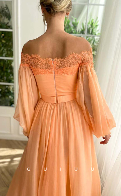 G3188 - A-Line Lace Off-Shoulder Tulle Long Sleeves Formal Prom Dresses