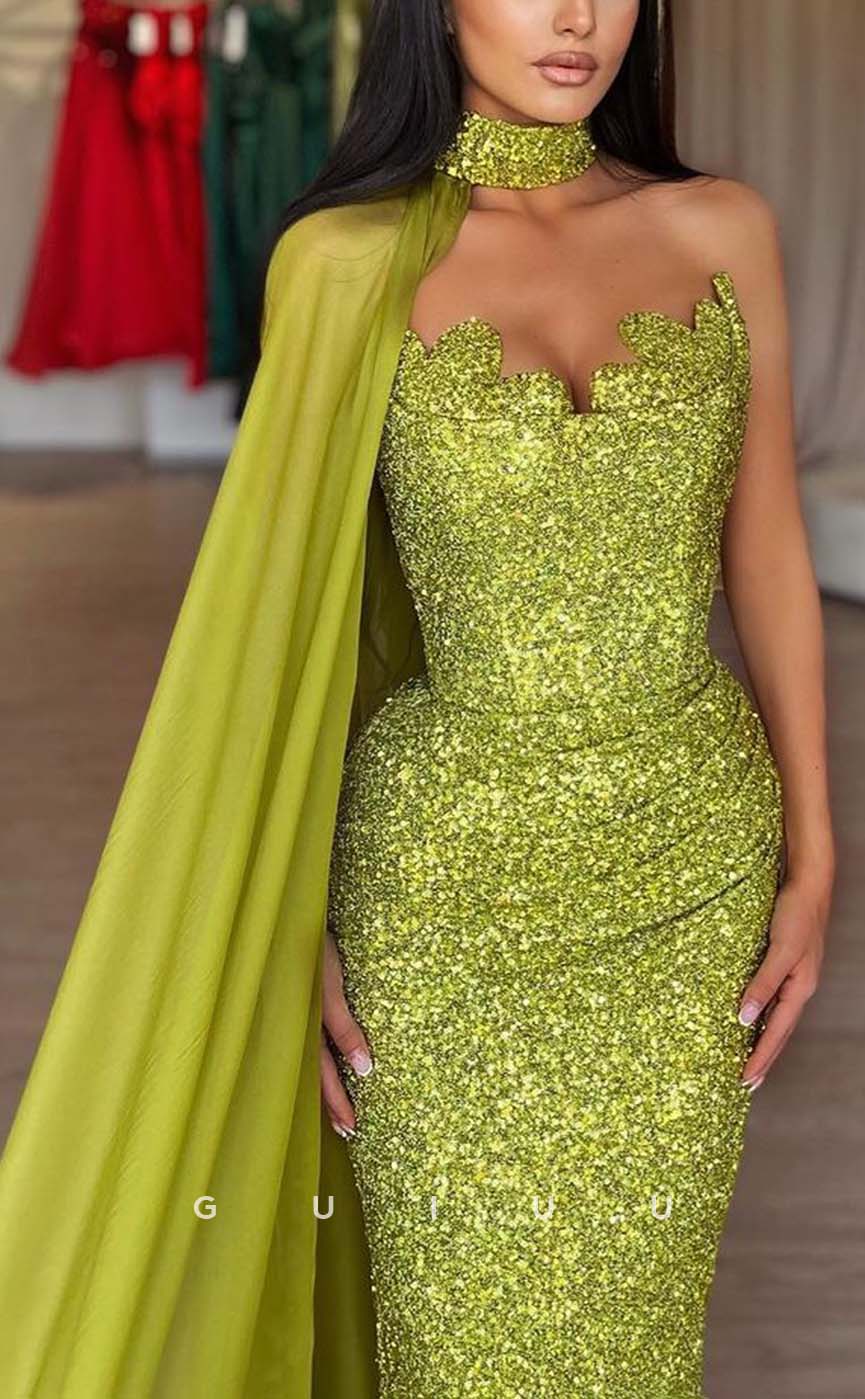 G3175 - Sexy & Fitted Strapless Sequins Green Long Formal Prom Dresses With Shawl