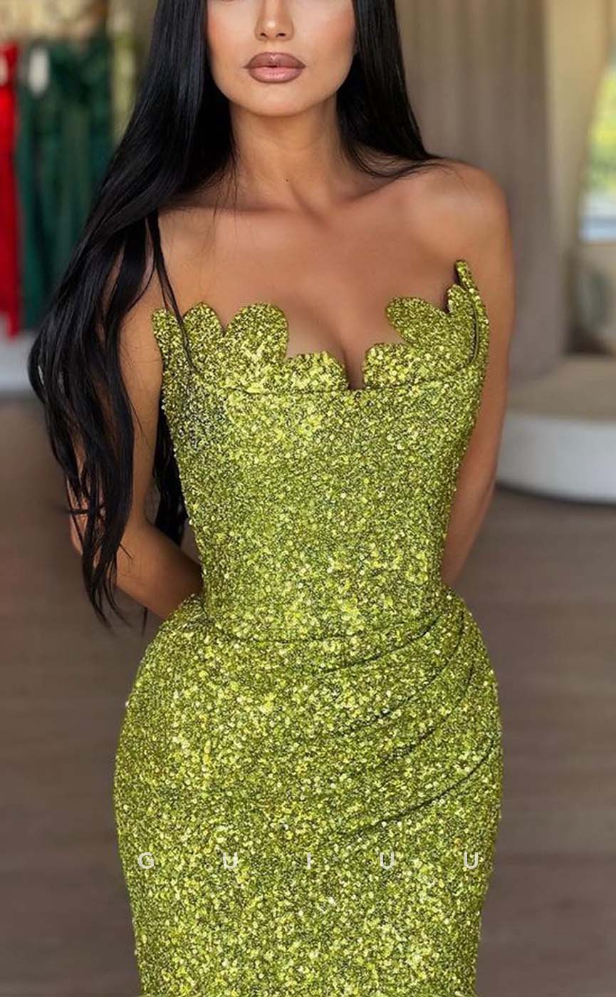 G3175 - Sexy & Fitted Strapless Sequins Green Long Formal Prom Dresses With Shawl