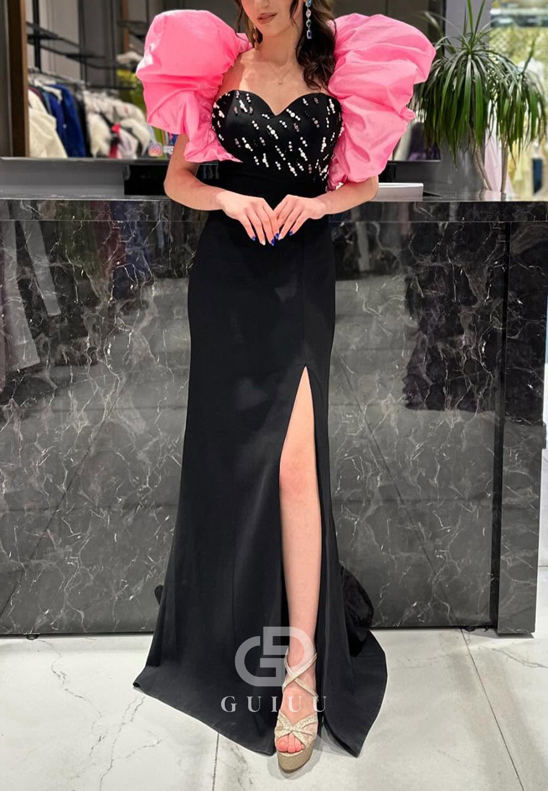 Black Sweetheart Cape Beads Slit Prom Dress
