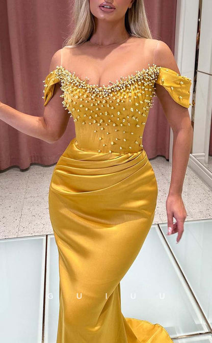 G3291 - Classic & Timeless Off-Shoulder Beaded Pleats Yellow Long Party Prom Evening Dresses