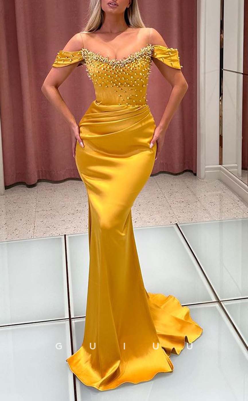 G3291 - Classic & Timeless Off-Shoulder Beaded Pleats Yellow Long Party Prom Evening Dresses