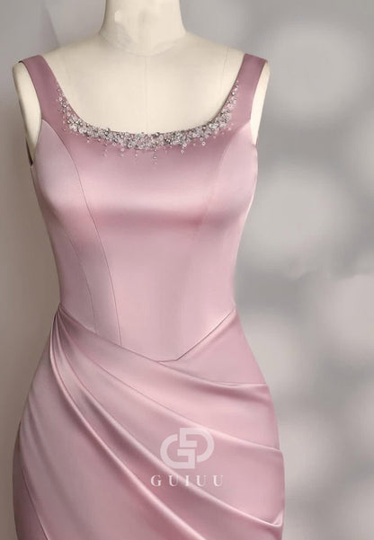 Blushing Pink Spaghetti Straps Square Ruched Evening Dress