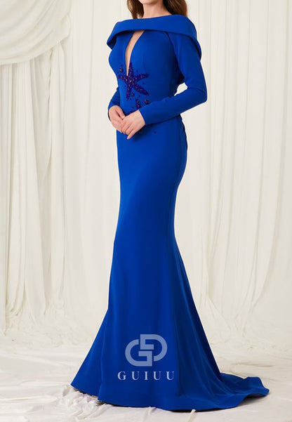 Royal Blue Long Sleeves Scoop Appliques Backless  Evening Dress