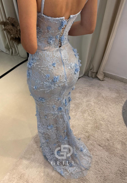 Sky Blue Spaghetti Straps Sweetheart Appliques Sheath Prom Dress