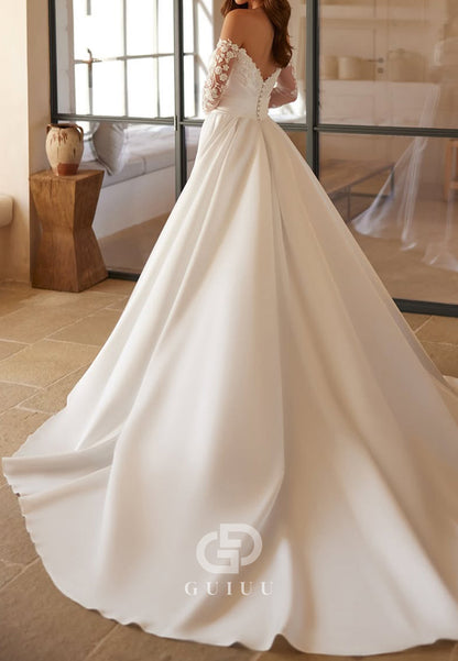 A-Line Long Sleeves Sweetheart Satin Wedding Dress