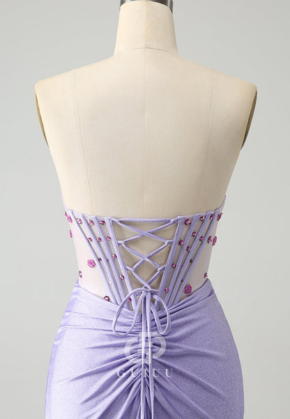 Lilac Sleeveless Strapless Slit Sequins Corset Prom Dress