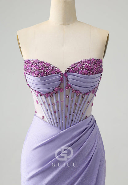 Lilac Sleeveless Strapless Slit Sequins Corset Prom Dress