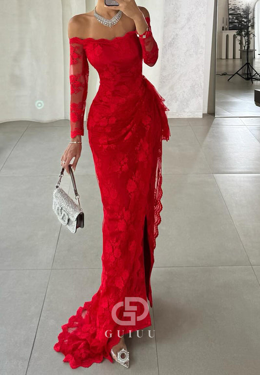 Red Long Sleeves Off-Shoulder Slit Lace Prom Dress