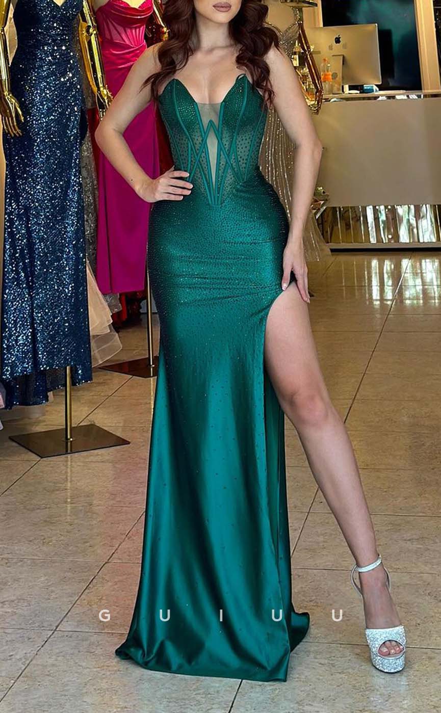 G3309 - Sexy & Sheath V-Neck Beaded Sheer Green Long Party Prom Evening Dresses