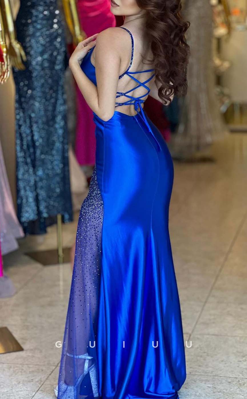 G3312 - Chic & Modern V-Neck Straps Royal Blue Long Party Prom Evening Dresses