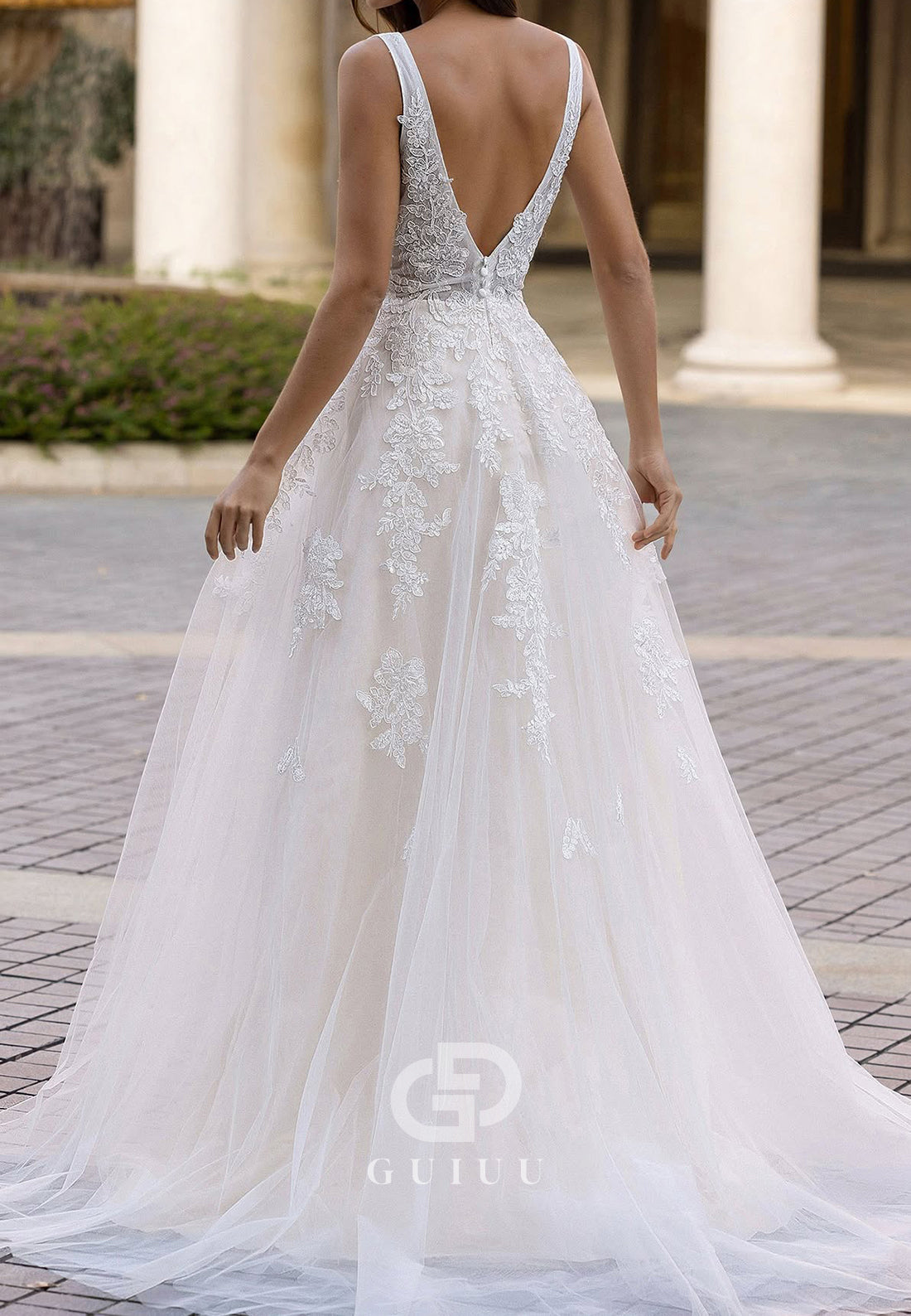 Spaghetti Straps V-Neck Backless Lace Wedding Dress