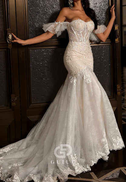 Short Sleeves Sweetheart Corset Tulle Mermaid Wedding Dress