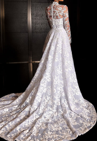 Long Sleeves High Neck Appliques Corset Wedding Dress