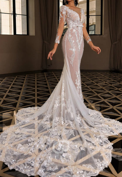 Long Sleeves V-Neck Floral Appliques Sweep Train Lace Wedding Dress