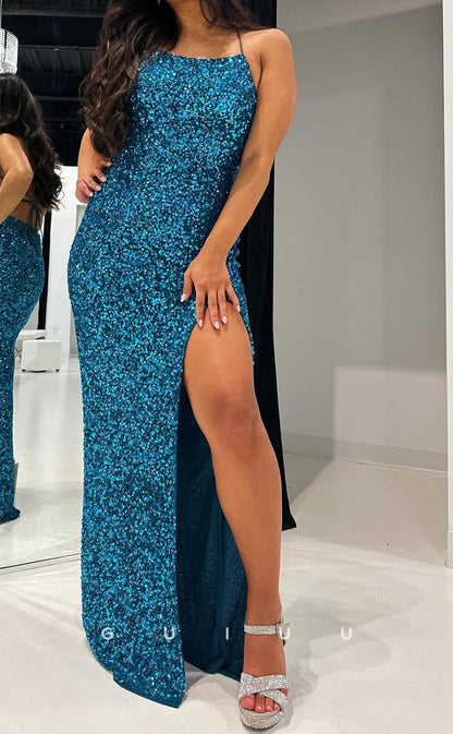 G3217 - Sheath Halter Sleeveless Fully Sequined Criss Cross Straps Long Prom Dress with Hig Side Slit