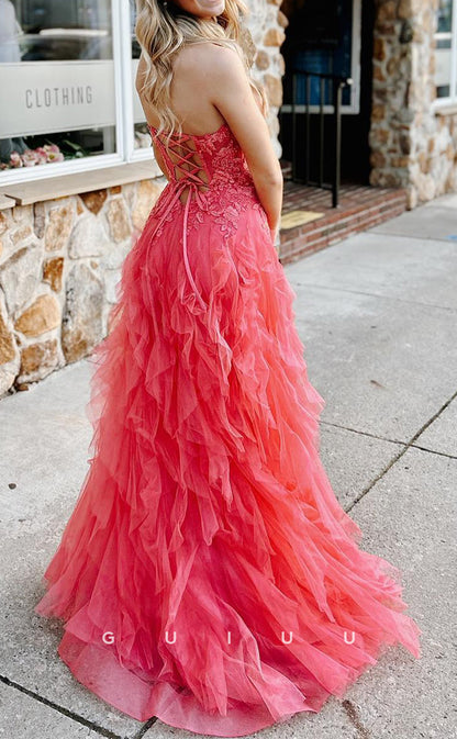 G2619 -  A-Lin Strapless Straps Sleeveless Appliques Tulle Tiered Lace Up Long Prom Dress with Train