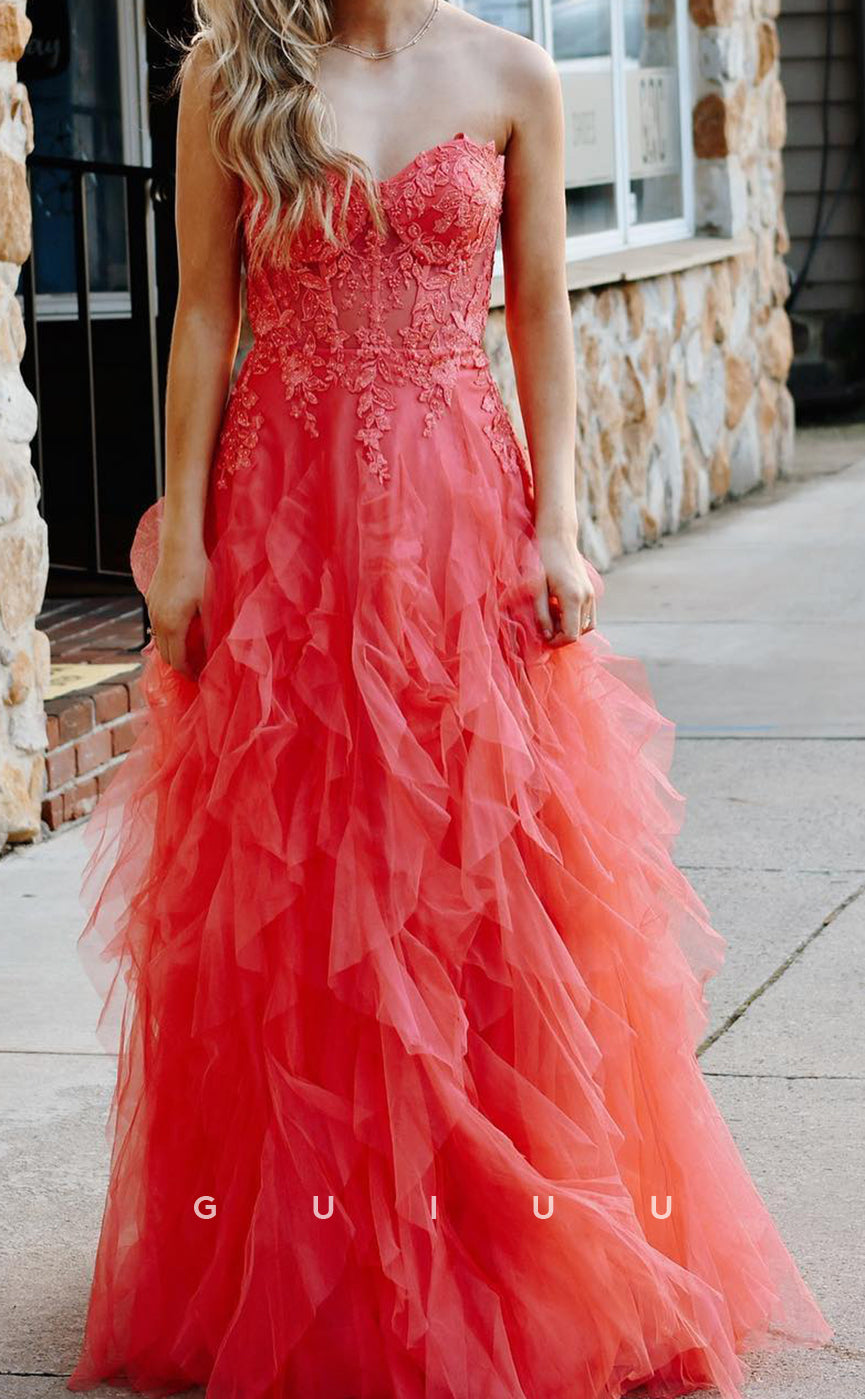 G2619 -  A-Lin Strapless Straps Sleeveless Appliques Tulle Tiered Lace Up Long Prom Dress with Train